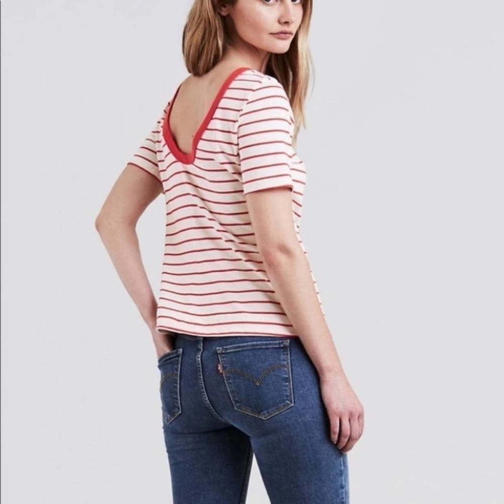 Levi’s Red‎ Striped Back Scoop Tee Short Sleeve Size XSmall - Picture 2 of 8